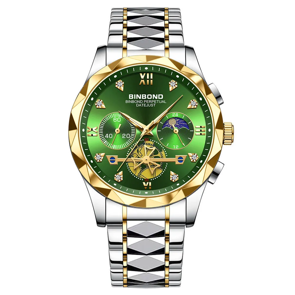 Men's casual quartz watch with round stainless steel case and strap, white dial, black bezel, 11mm thick