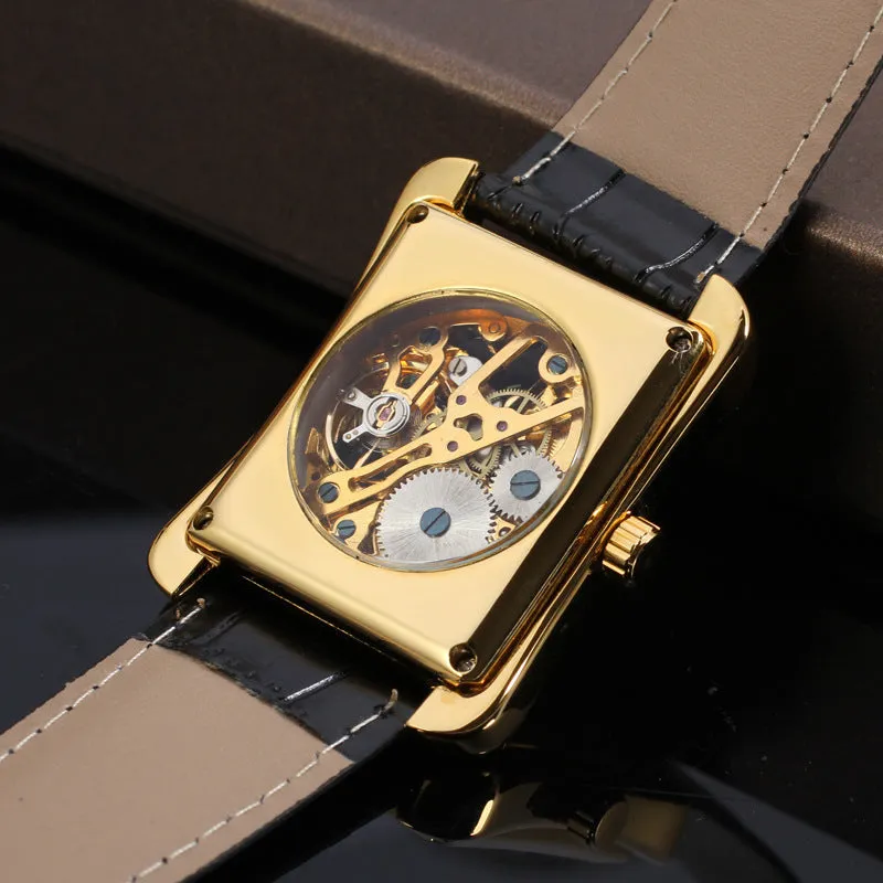 Winner men's fashion casual Swiss hollow manual mechanical watch with gold dial and black leather strap
