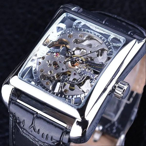 Winner men's fashion casual Swiss hollow manual mechanical watch with gold dial and black leather strap