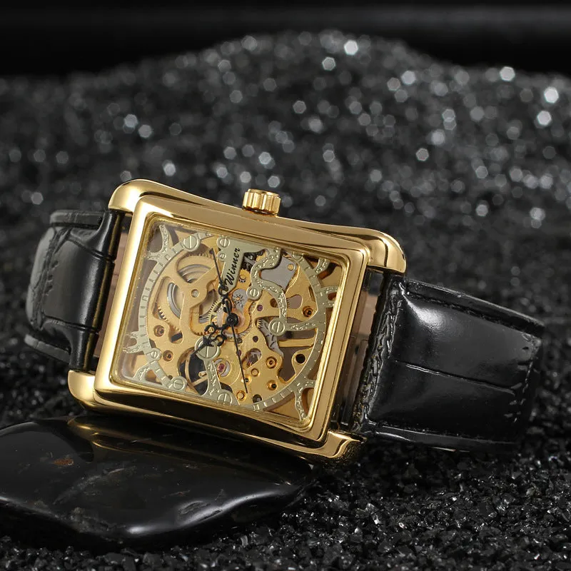 Winner men's fashion casual Swiss hollow manual mechanical watch with gold dial and black leather strap
