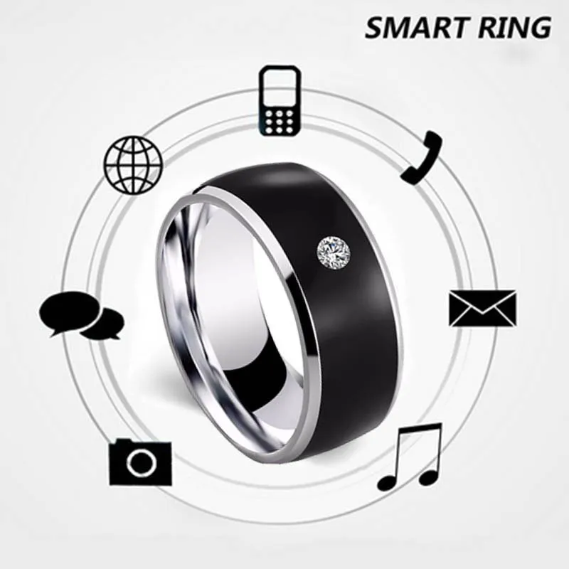 Black NFC multifunctional smart ring on finger for smartphone unlock, waterproof design