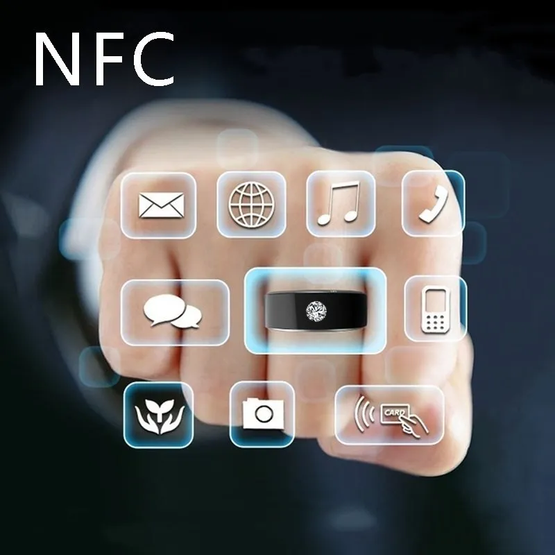 Black NFC multifunctional smart ring on finger for smartphone unlock, waterproof design