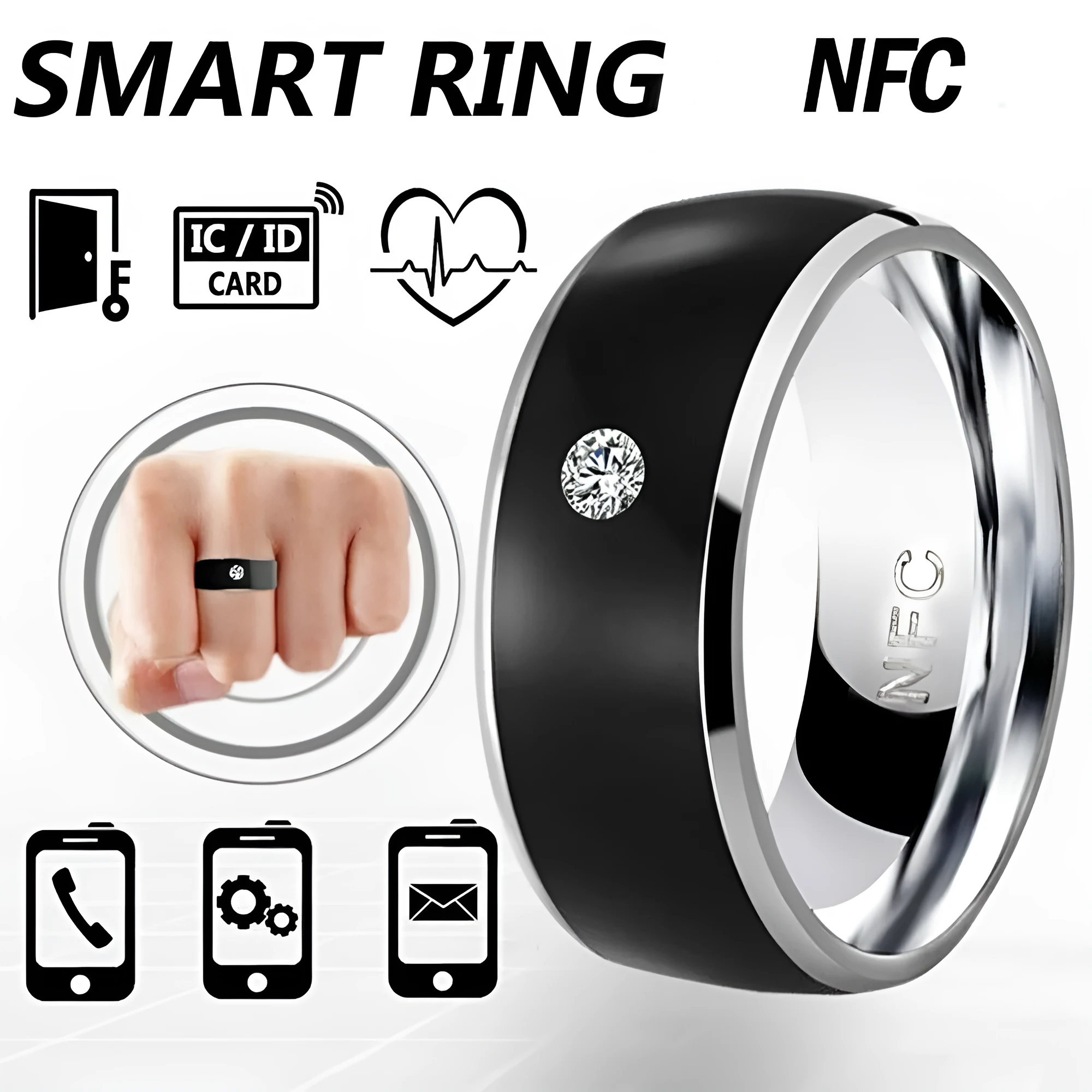 Black NFC multifunctional smart ring on finger for smartphone unlock, waterproof design