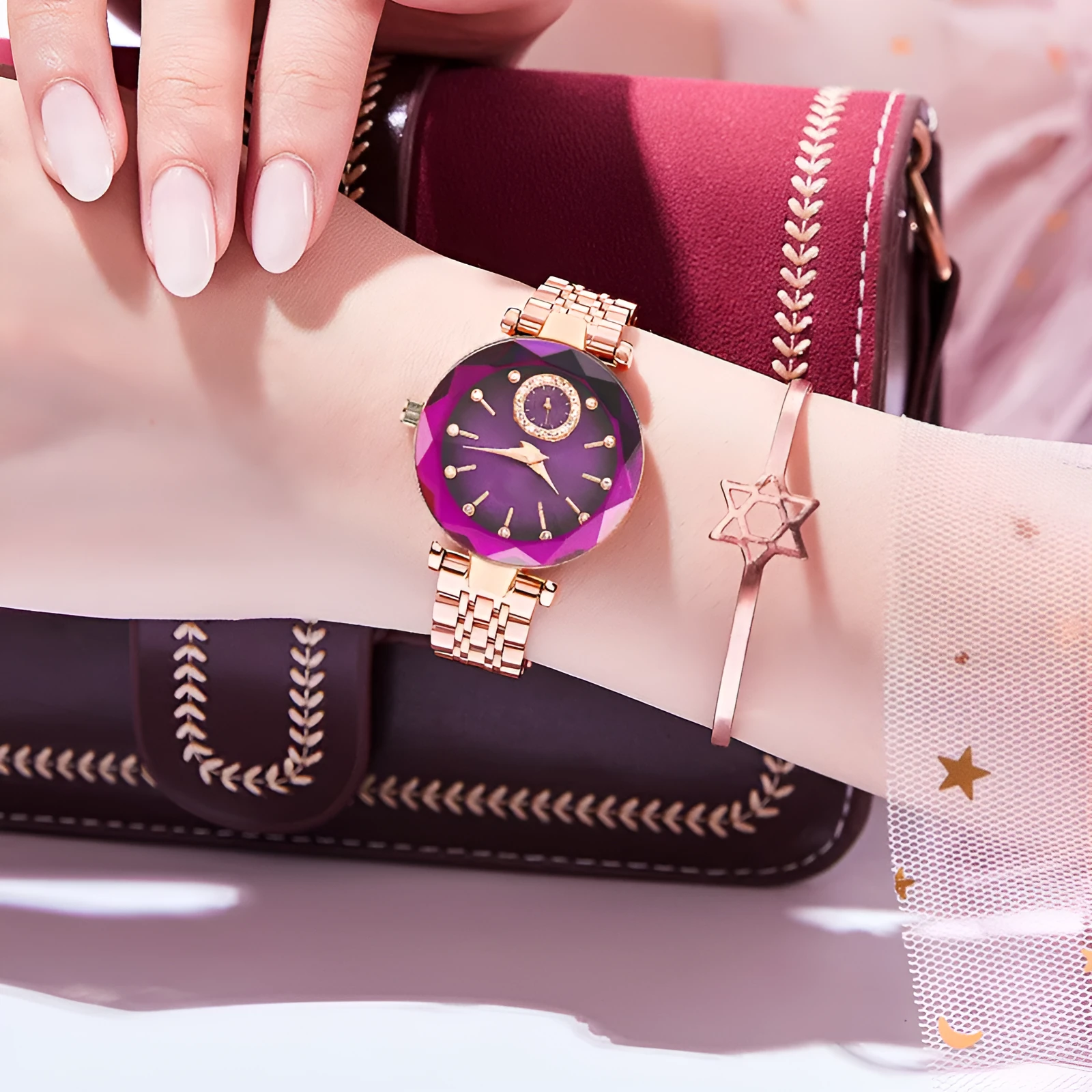 Women's fashion simple cut quartz watch with steel band, 30mm dial, alloy case, mineral glass, available in multiple colours