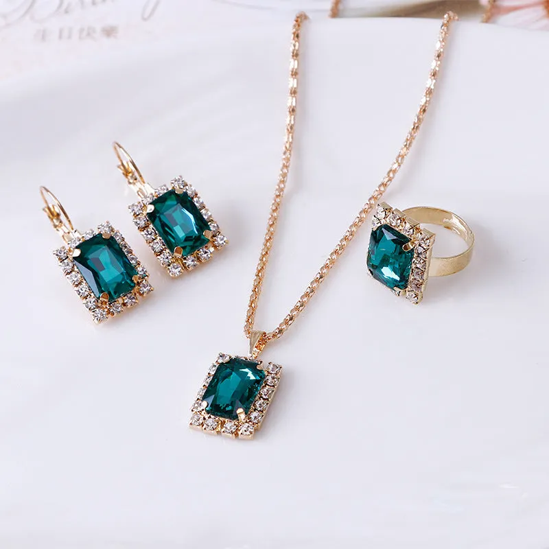 Women's alloy crystal square three-piece jewellery set with necklace, earrings, and ring