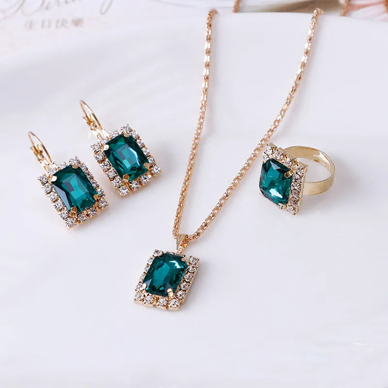 Women's alloy crystal square three-piece jewellery set with necklace, earrings, and ring