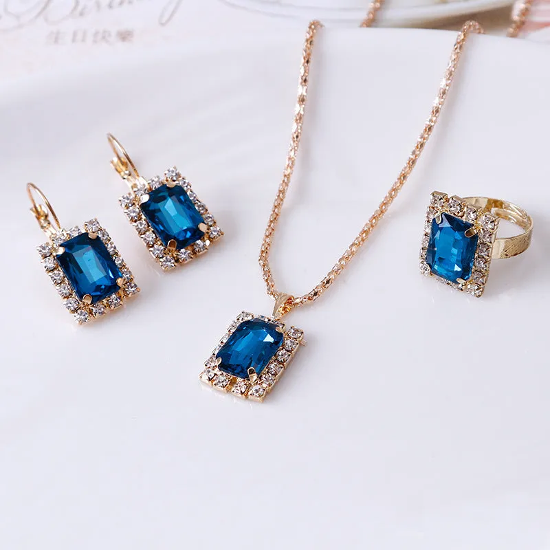 Women's alloy crystal square three-piece jewellery set with necklace, earrings, and ring