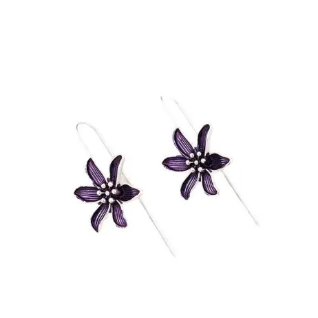 A pair of purple flower-shaped alloy stud earrings with a simple post back, shown against a plain background.