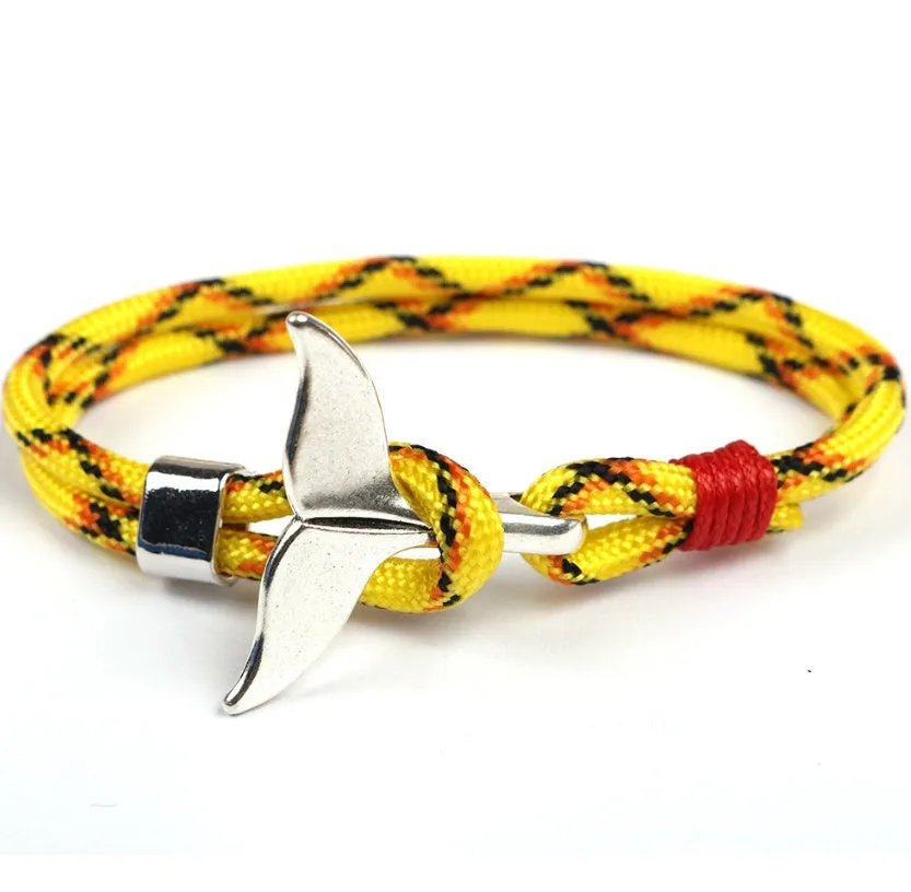 Handmade alloy couple bracelet with whale tail and anchor umbrella rope design in black, 21cm length