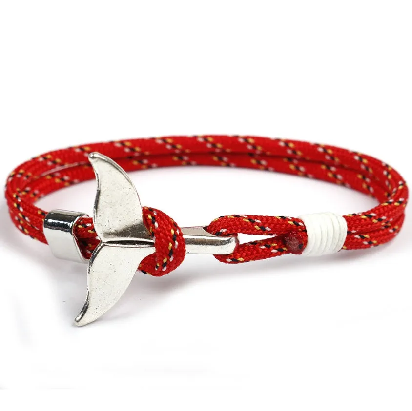 Handmade alloy couple bracelet with whale tail and anchor umbrella rope design in black, 21cm length