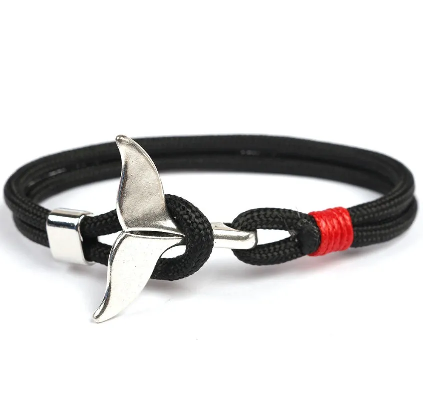 Handmade alloy couple bracelet with whale tail and anchor umbrella rope design in black, 21cm length