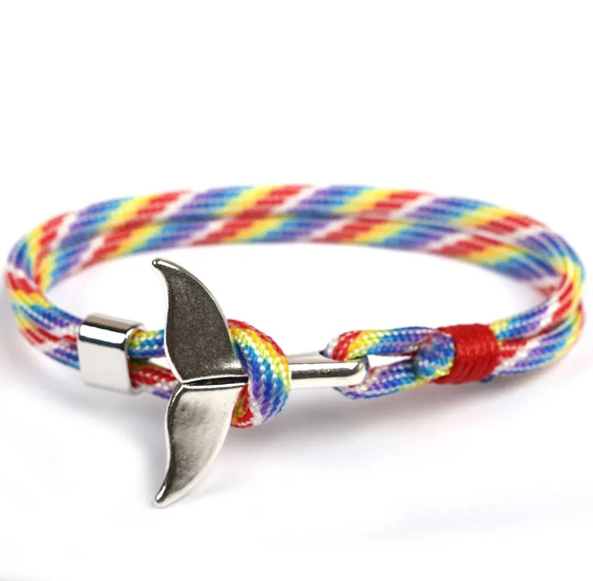 Handmade alloy couple bracelet with whale tail and anchor umbrella rope design in black, 21cm length
