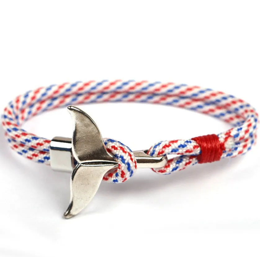 Handmade alloy couple bracelet with whale tail and anchor umbrella rope design in black, 21cm length