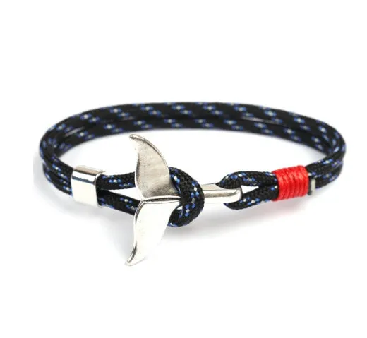 Handmade alloy couple bracelet with whale tail and anchor umbrella rope design in black, 21cm length