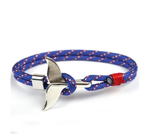 Handmade alloy couple bracelet with whale tail and anchor umbrella rope design in black, 21cm length