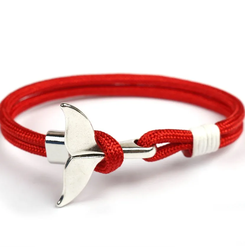 Handmade alloy couple bracelet with whale tail and anchor umbrella rope design in black, 21cm length
