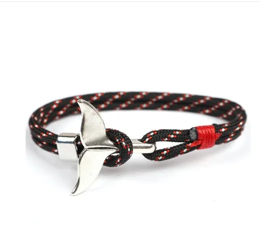 Handmade alloy couple bracelet with whale tail and anchor umbrella rope design in black, 21cm length