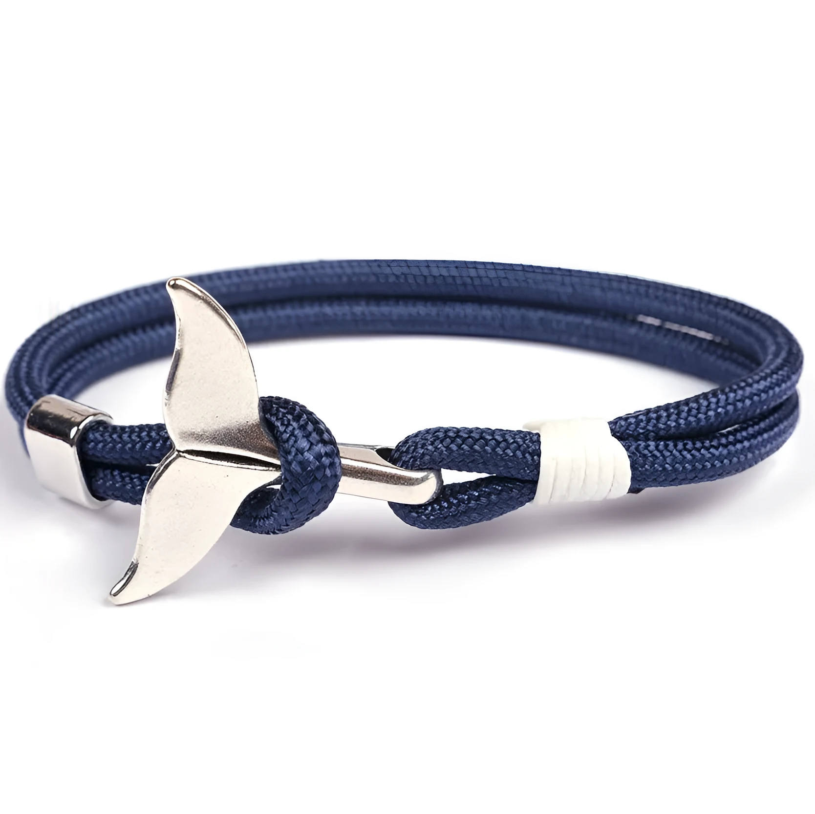Handmade alloy couple bracelet with whale tail and anchor umbrella rope design in black, 21cm length
