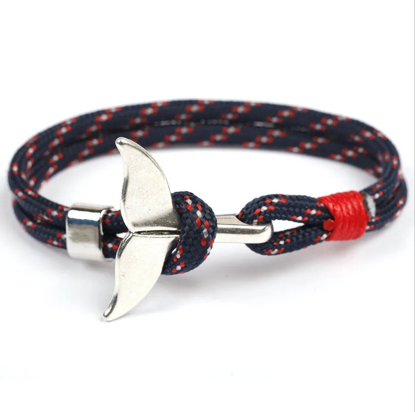 Handmade alloy couple bracelet with whale tail and anchor umbrella rope design in black, 21cm length