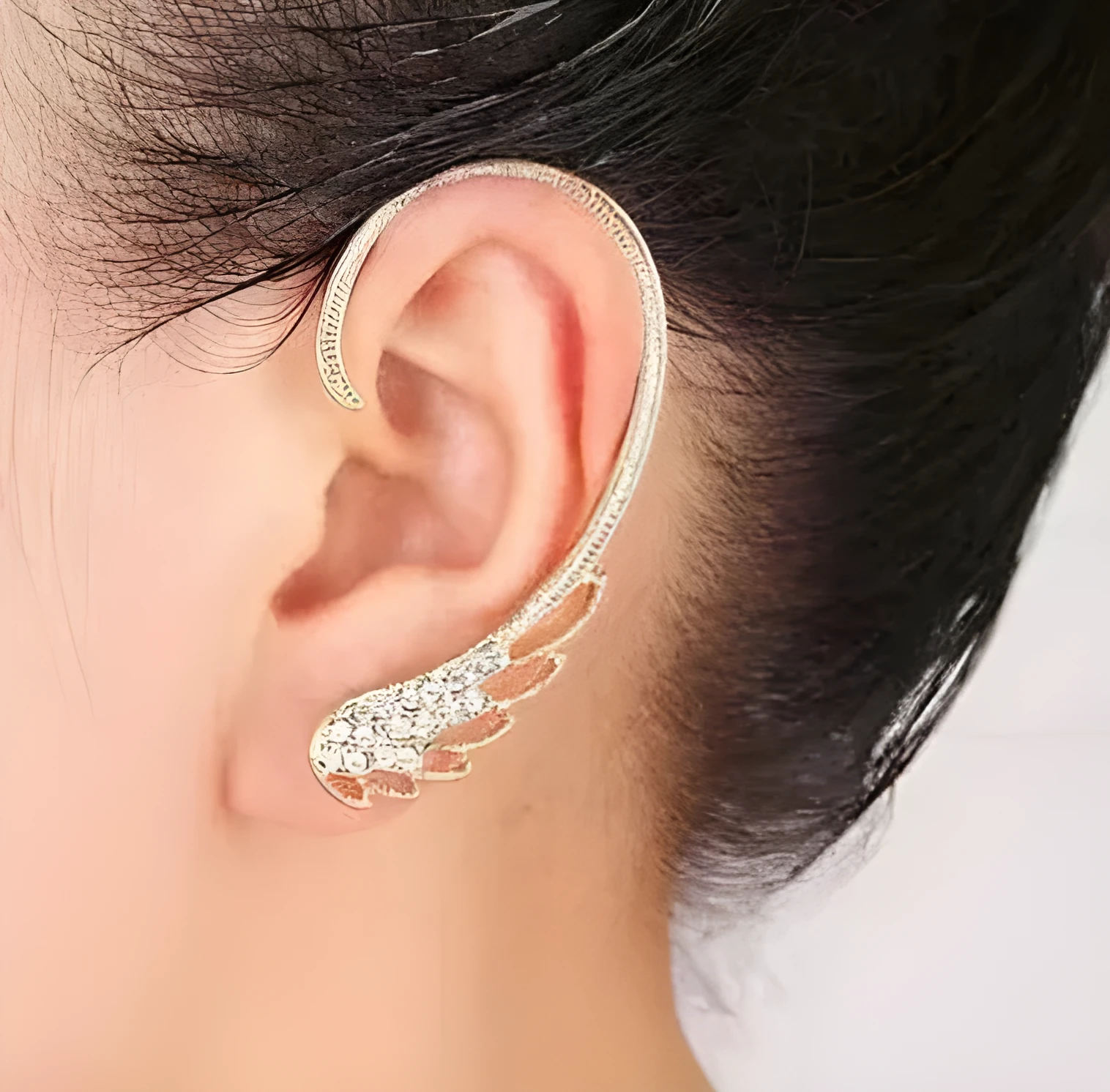 Women's clip-on feather earrings teardrop shape gold and silver alloy plating