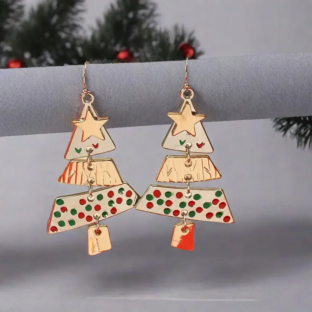Christmas tree necklace and earrings set with mixed colour alloy drip oil finish on leather wax line cord for women