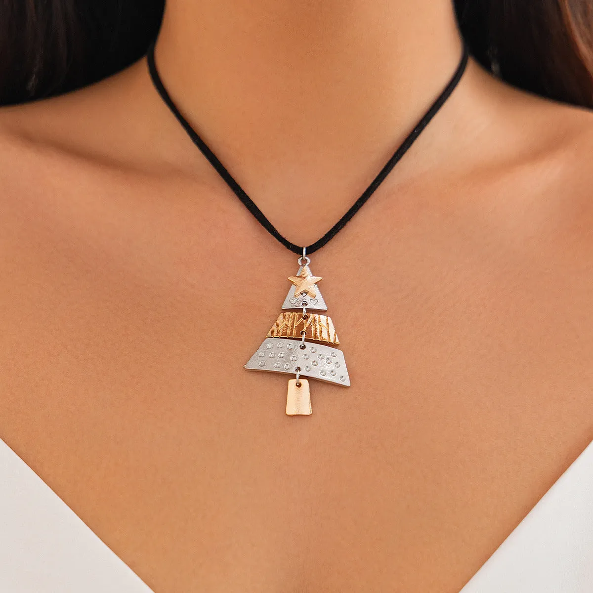 Christmas tree necklace and earrings set with mixed colour alloy drip oil finish on leather wax line cord for women
