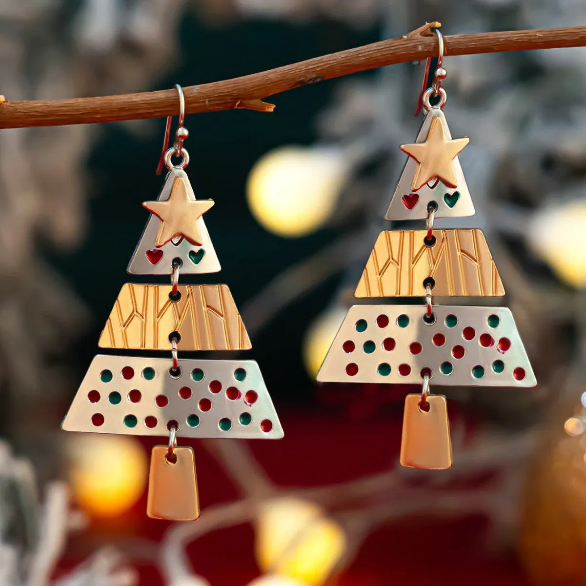 Christmas tree necklace and earrings set with mixed colour alloy drip oil finish on leather wax line cord for women