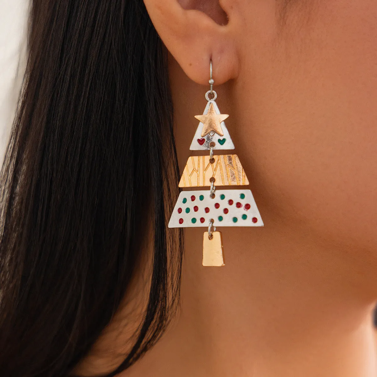 Christmas tree necklace and earrings set with mixed colour alloy drip oil finish on leather wax line cord for women