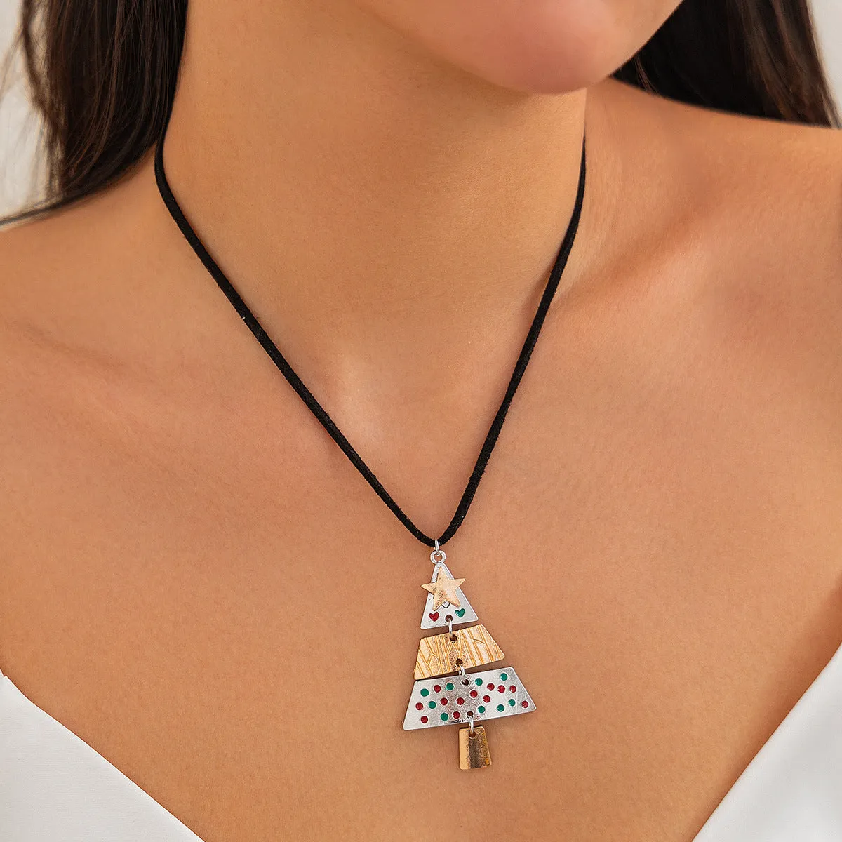 Christmas tree necklace and earrings set with mixed colour alloy drip oil finish on leather wax line cord for women