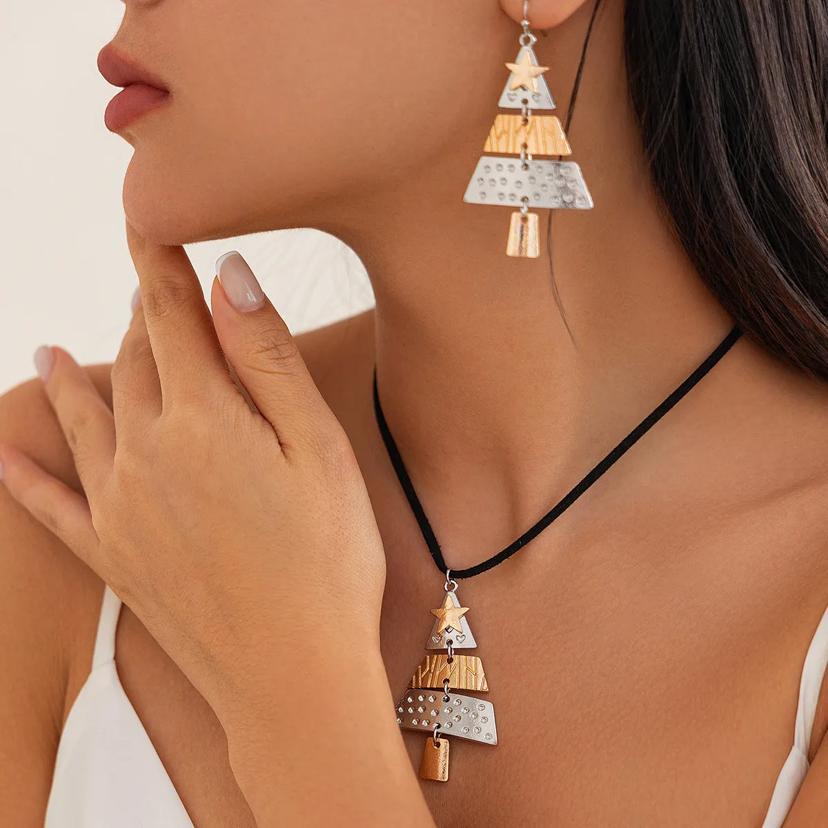 Christmas tree necklace and earrings set with mixed colour alloy drip oil finish on leather wax line cord for women