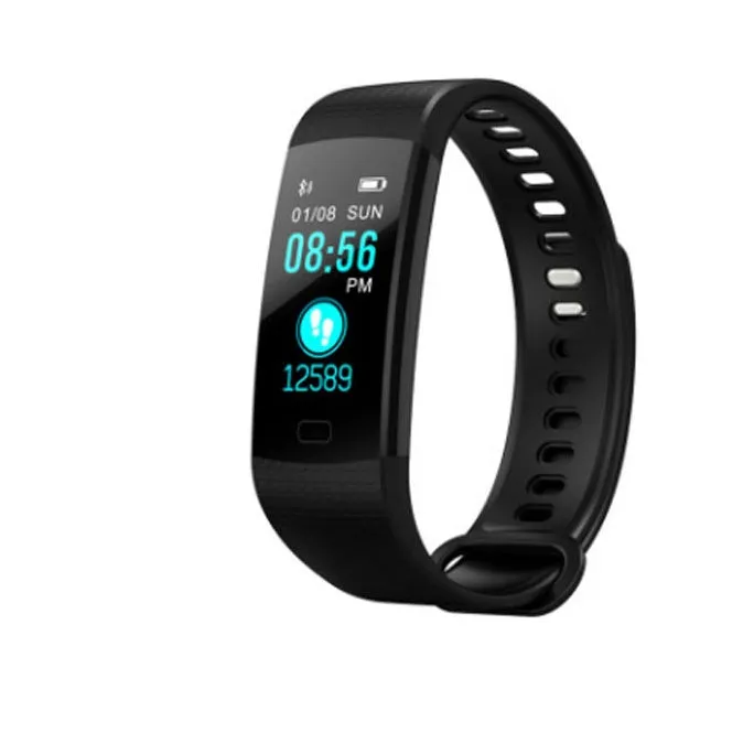 Smart band watch with colour screen and heart rate monitor on wrist, black strap