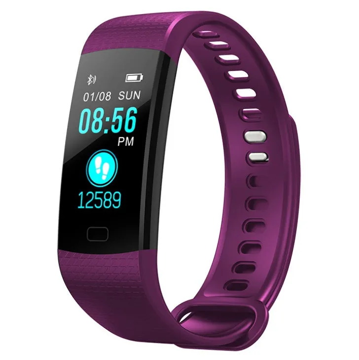 Smart band watch with colour screen and heart rate monitor on wrist, black strap