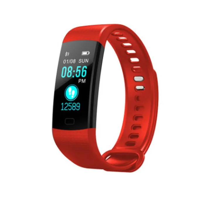 Smart band watch with colour screen and heart rate monitor on wrist, black strap