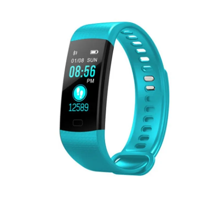 Smart band watch with colour screen and heart rate monitor on wrist, black strap