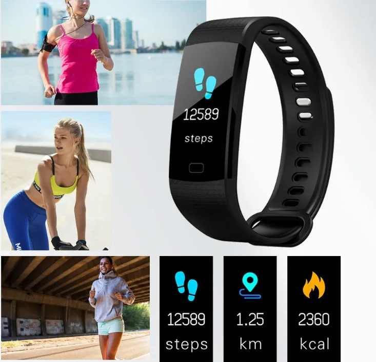 Smart band watch with colour screen and heart rate monitor on wrist, black strap