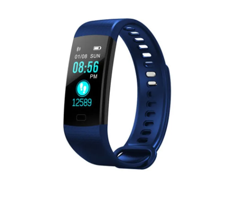 Smart band watch with colour screen and heart rate monitor on wrist, black strap