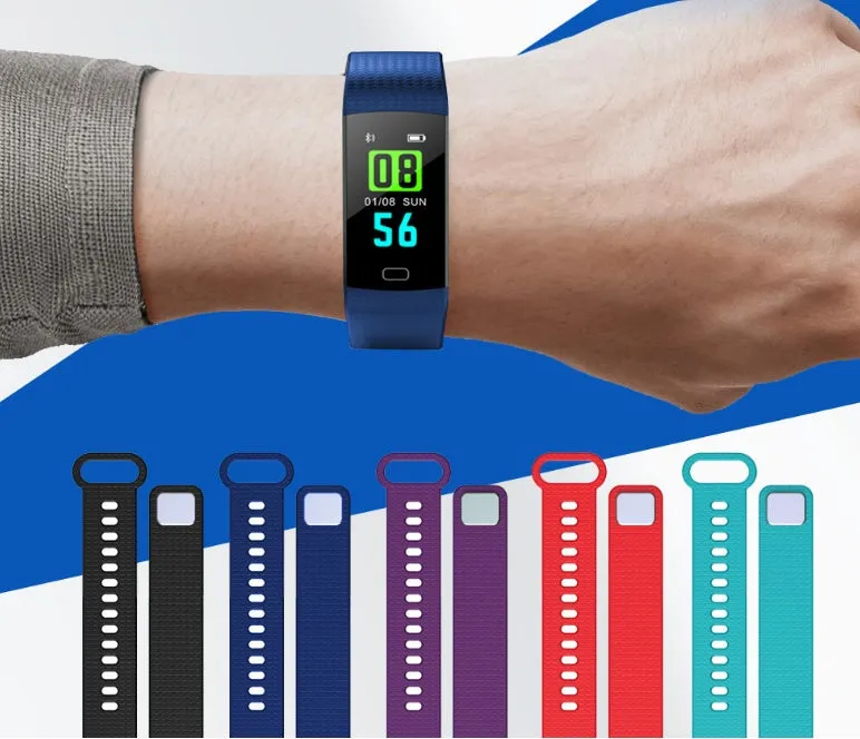 Smart band watch with colour screen and heart rate monitor on wrist, black strap