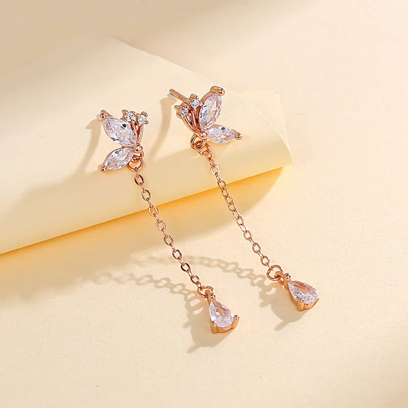 S925 silver butterfly zircon tassel earrings for women, long dangle design, silver colour