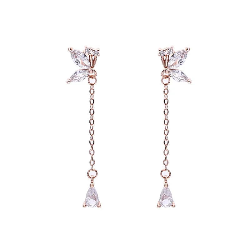 S925 silver butterfly zircon tassel earrings for women, long dangle design, silver colour