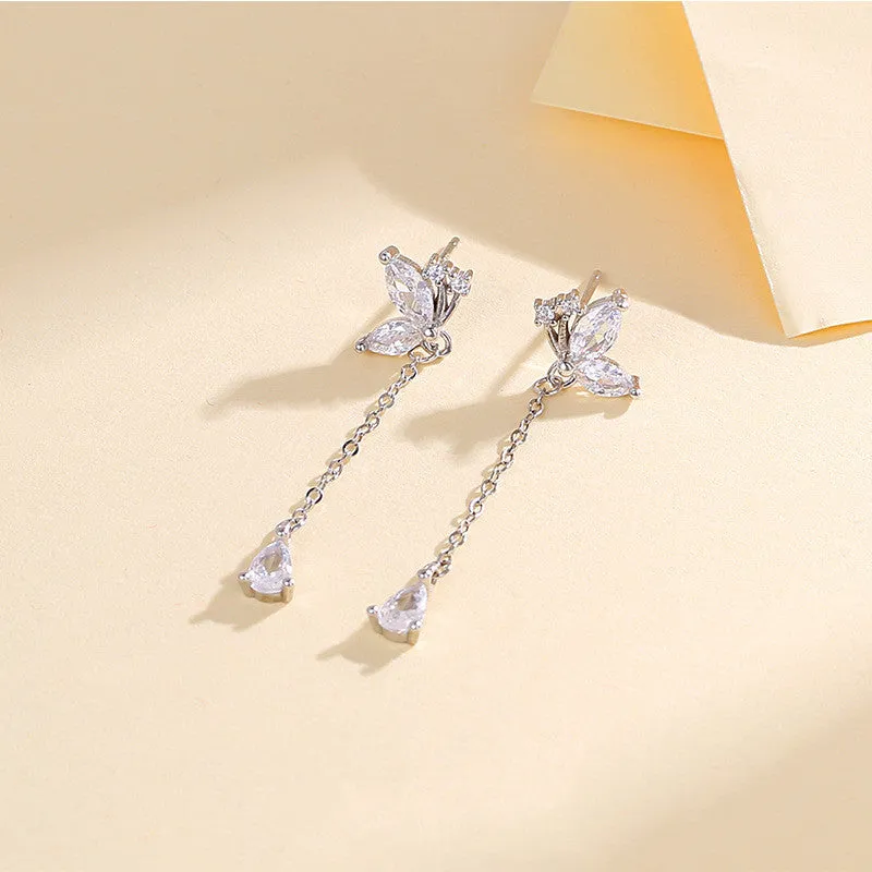 S925 silver butterfly zircon tassel earrings for women, long dangle design, silver colour