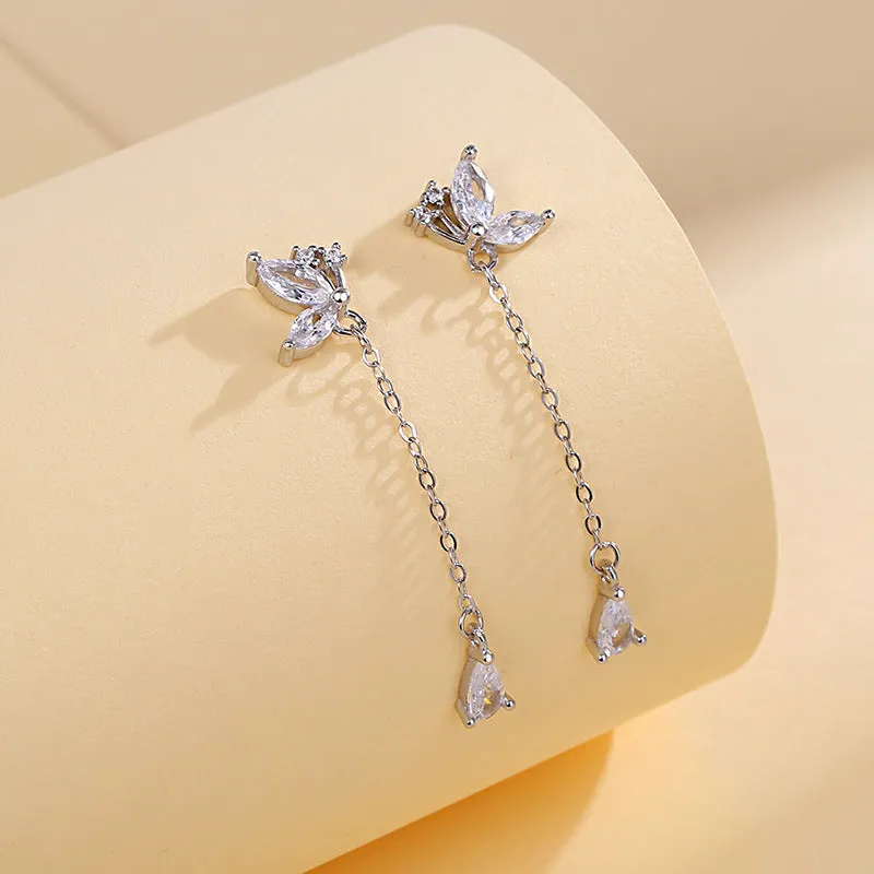 S925 silver butterfly zircon tassel earrings for women, long dangle design, silver colour