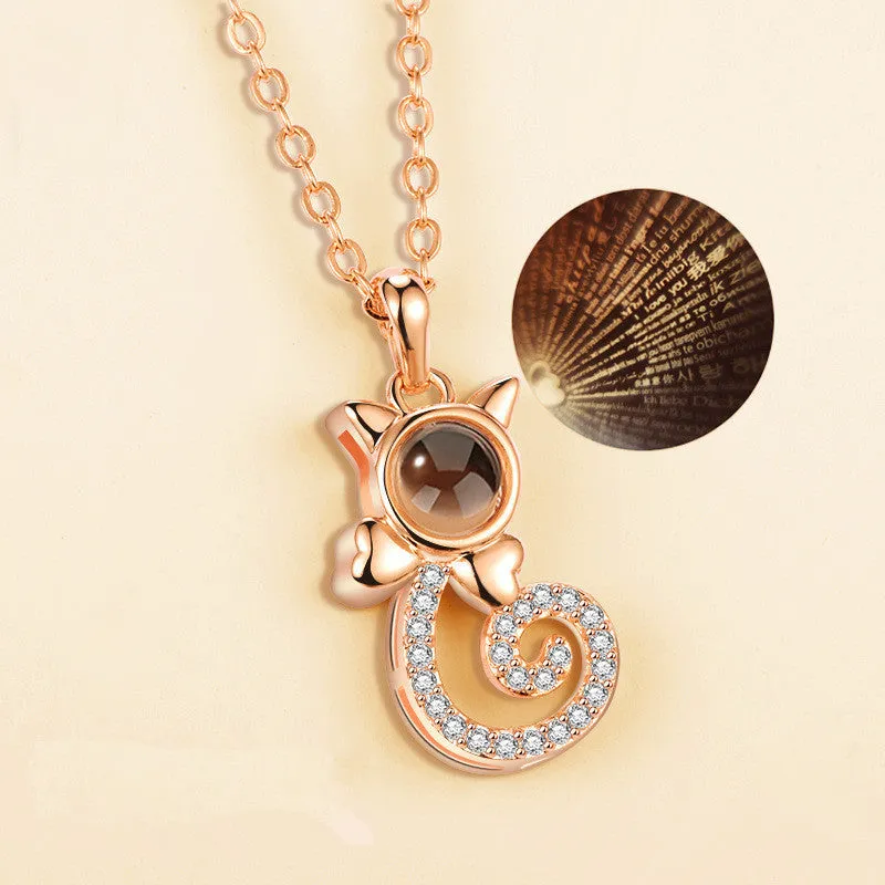 Gold love projection necklace with 100 languages pendant on 50cm copper chain