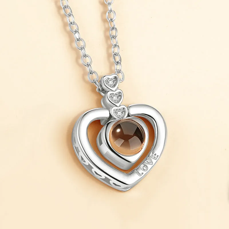 Gold love projection necklace with 100 languages pendant on 50cm copper chain