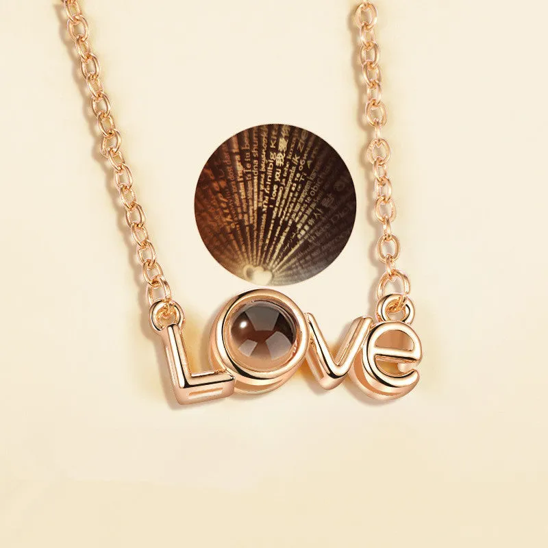 Gold love projection necklace with 100 languages pendant on 50cm copper chain