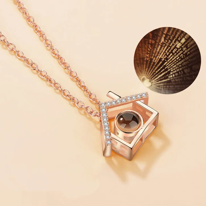 Gold love projection necklace with 100 languages pendant on 50cm copper chain