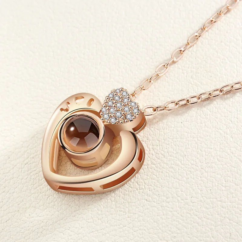 Gold love projection necklace with 100 languages pendant on 50cm copper chain
