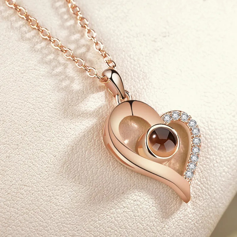 Gold love projection necklace with 100 languages pendant on 50cm copper chain