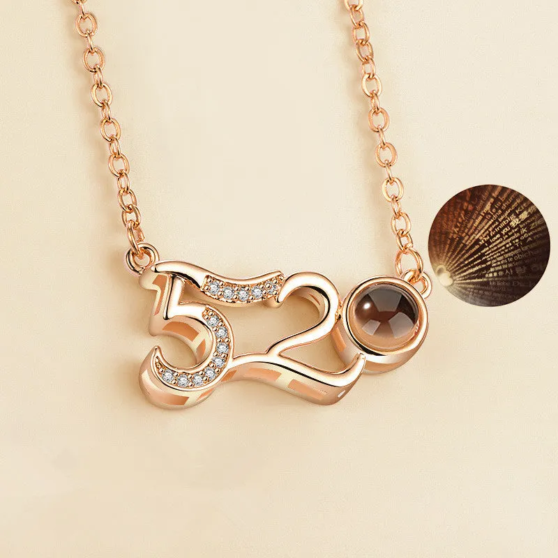 Gold love projection necklace with 100 languages pendant on 50cm copper chain