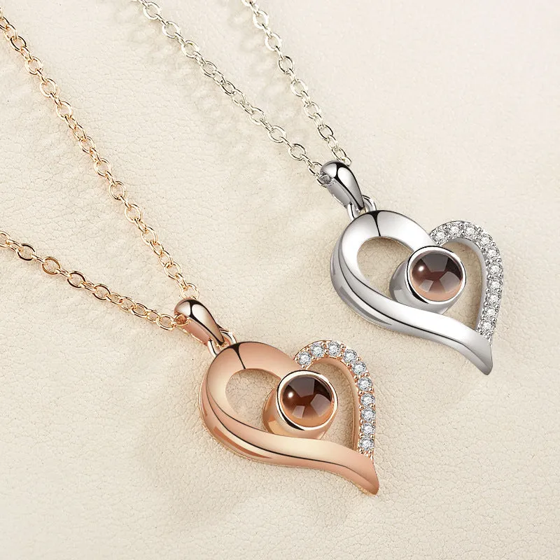 Gold love projection necklace with 100 languages pendant on 50cm copper chain
