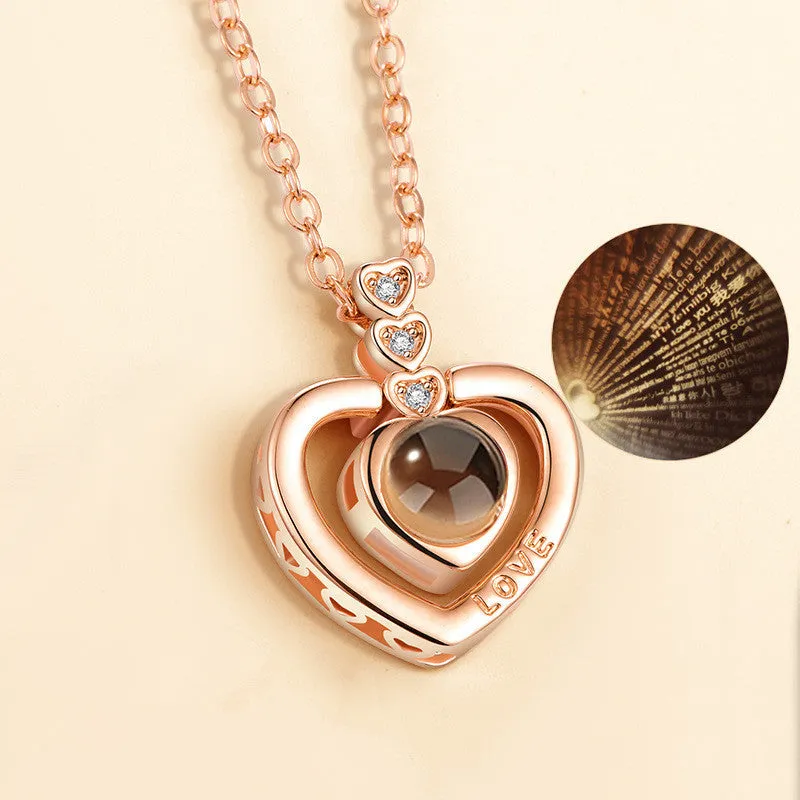Gold love projection necklace with 100 languages pendant on 50cm copper chain